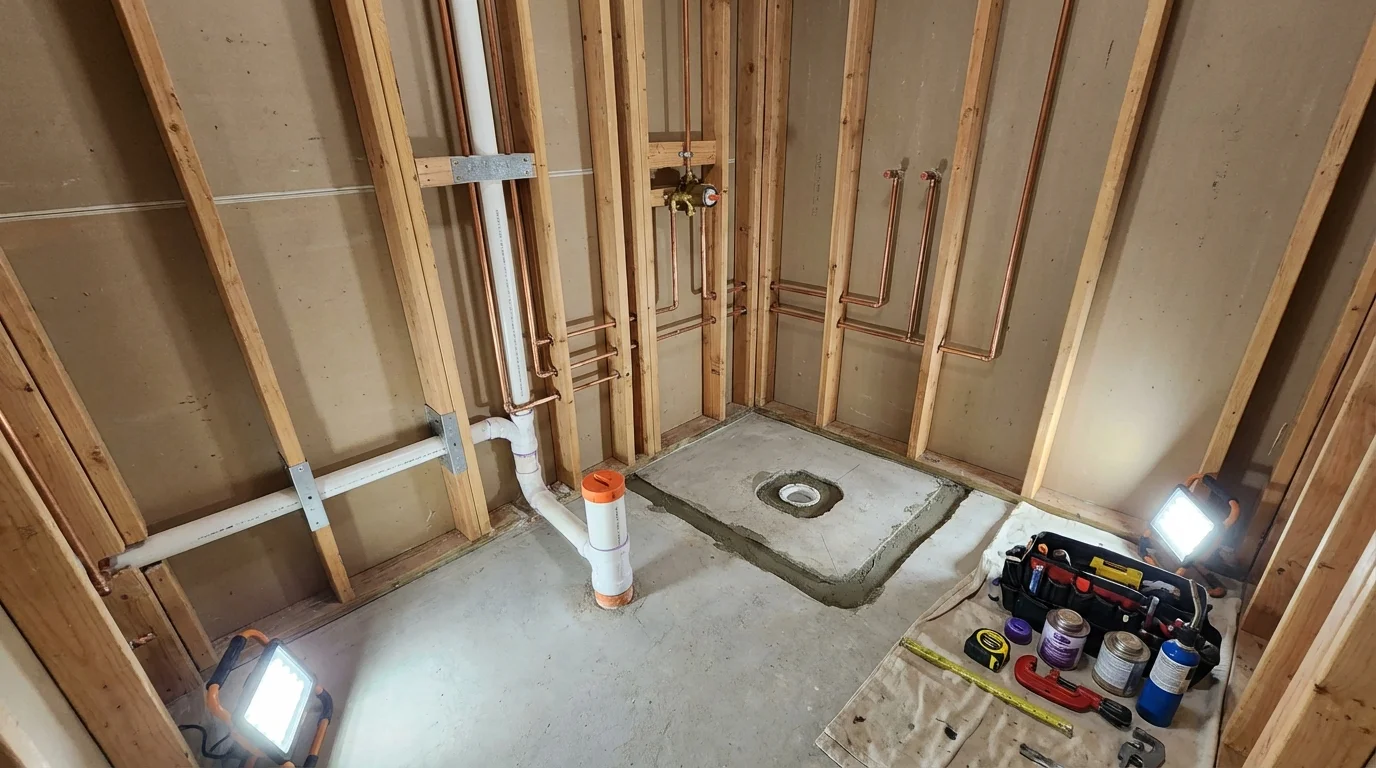 Bathroom rough-in plumbing during remodel by Johns Plumbing LLC in Armonk