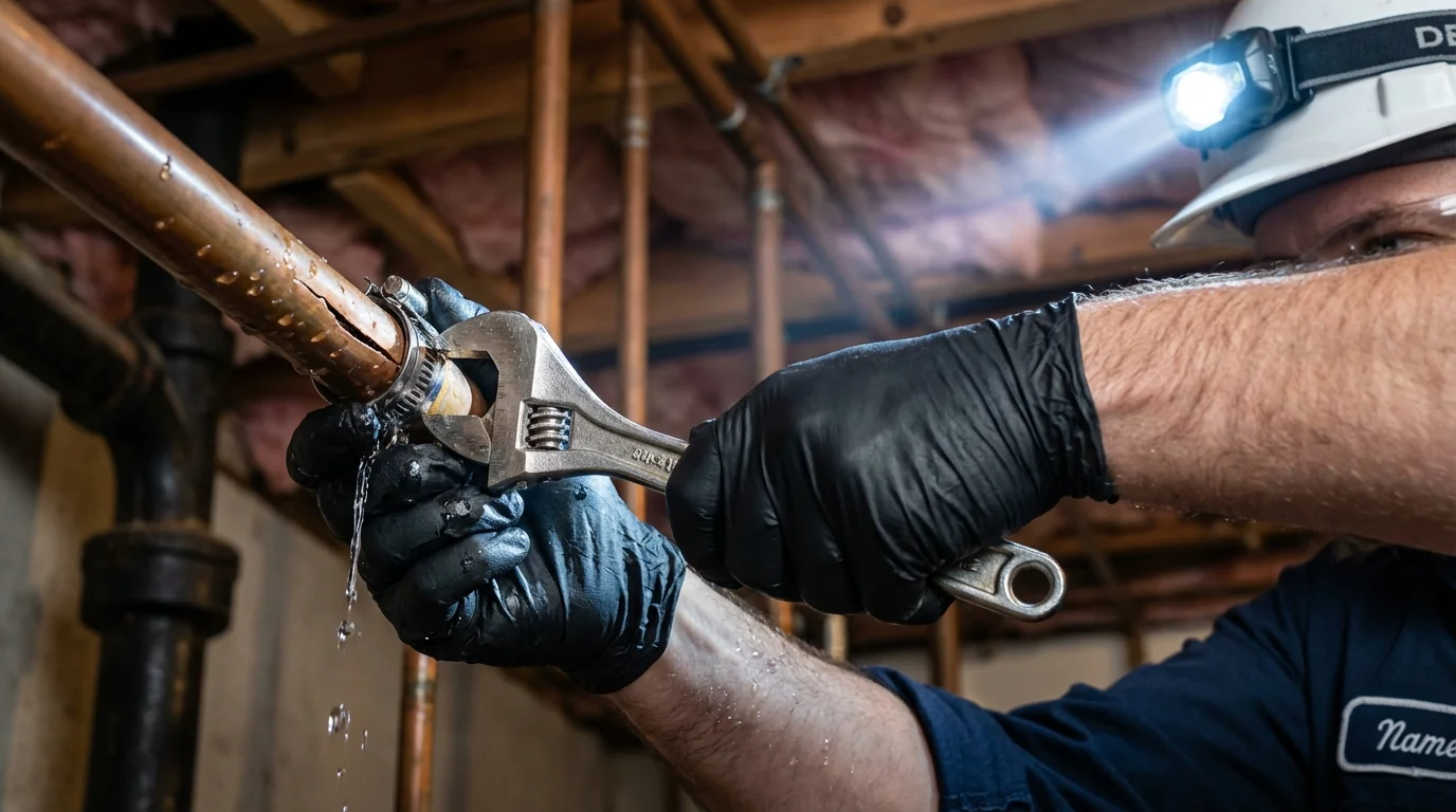 Emergency pipe clamp repair being performed by a Johns Plumbing LLC plumber in Armonk