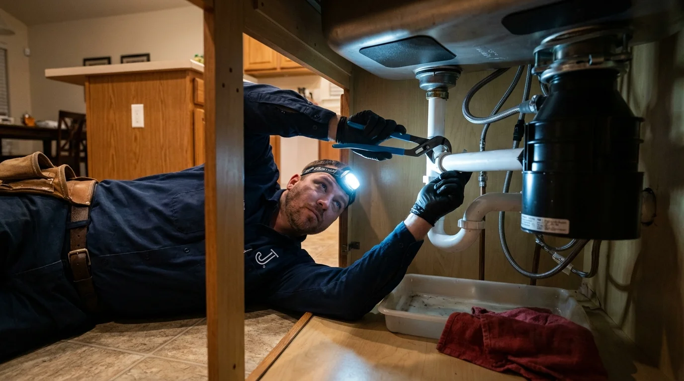 P-trap and supply line connections under a kitchen sink showing a common leak point in Armonk, NY